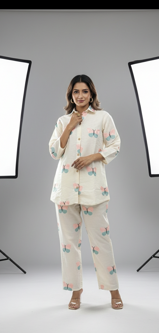 Butterfly Motif Handcrafted Khadi Cotton Co-Ord Set – Ivory