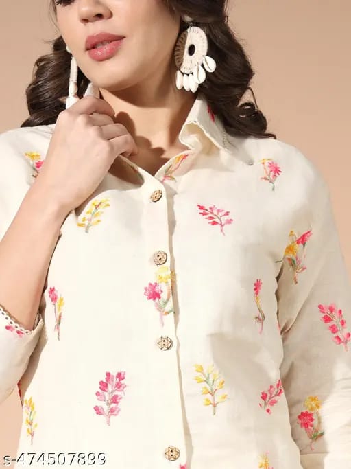 Minimal Floral Handcrafted Khadi Cotton Co-Ord Set – Ivory