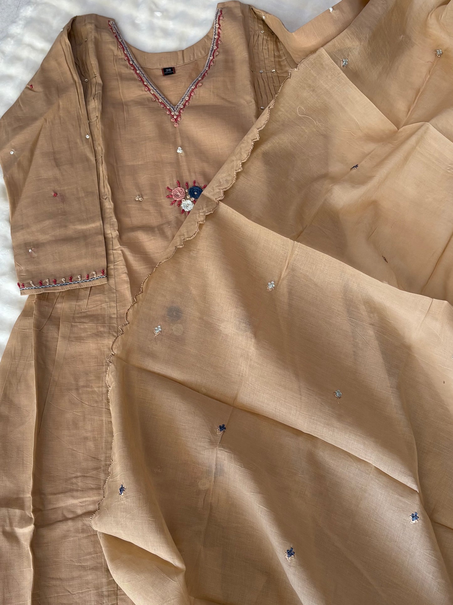 🥂 Beige Mul Chanderi set-3 Pcs Suit