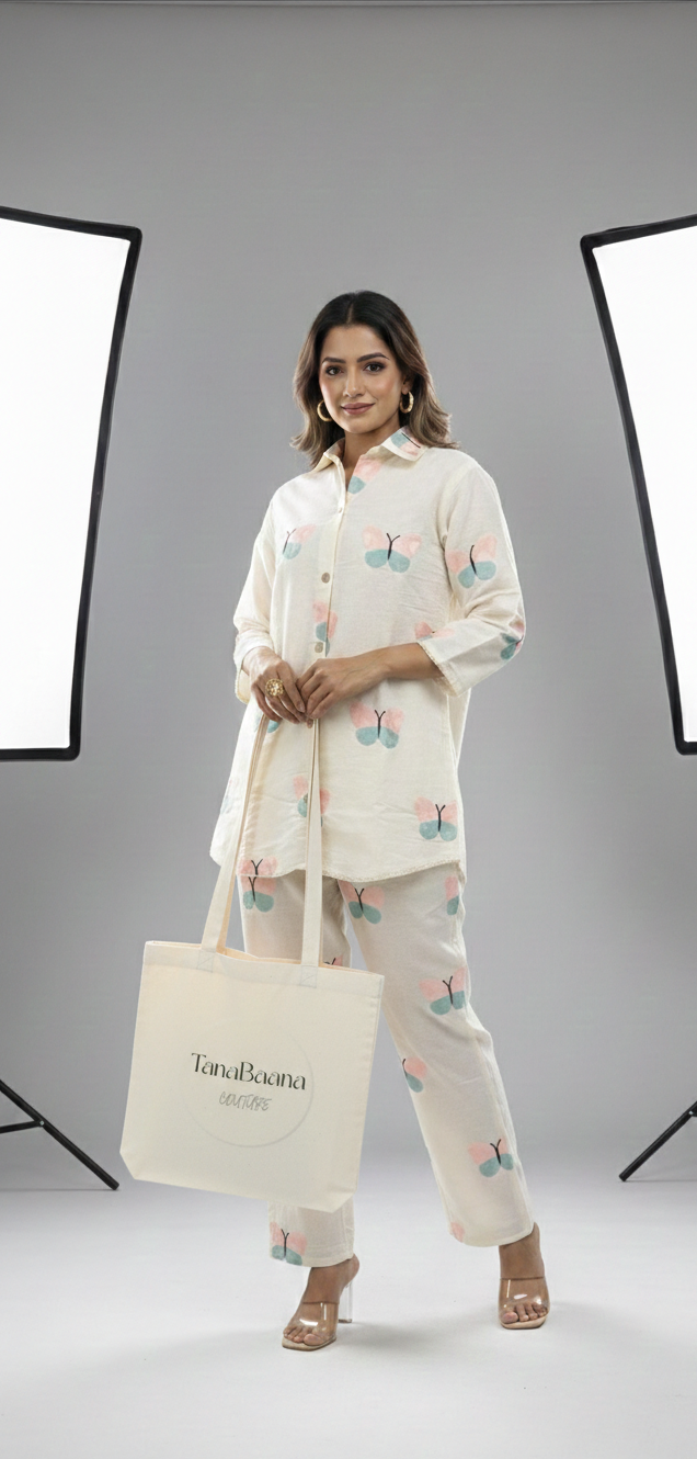 Butterfly Motif Handcrafted Khadi Cotton Co-Ord Set – Ivory