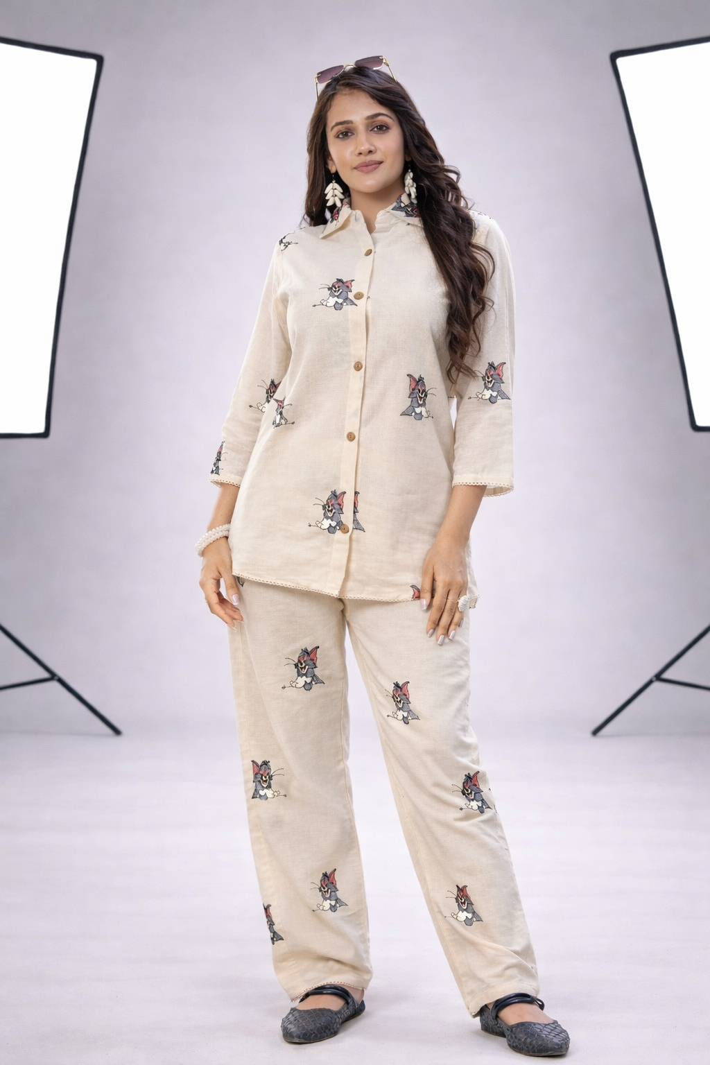 Tom & Jerry Motif Handcrafted Khadi Cotton Co-Ord Set – Ivory