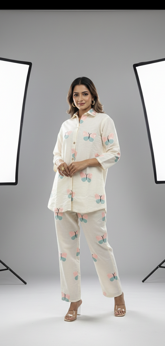 Butterfly Motif Handcrafted Khadi Cotton Co-Ord Set – Ivory