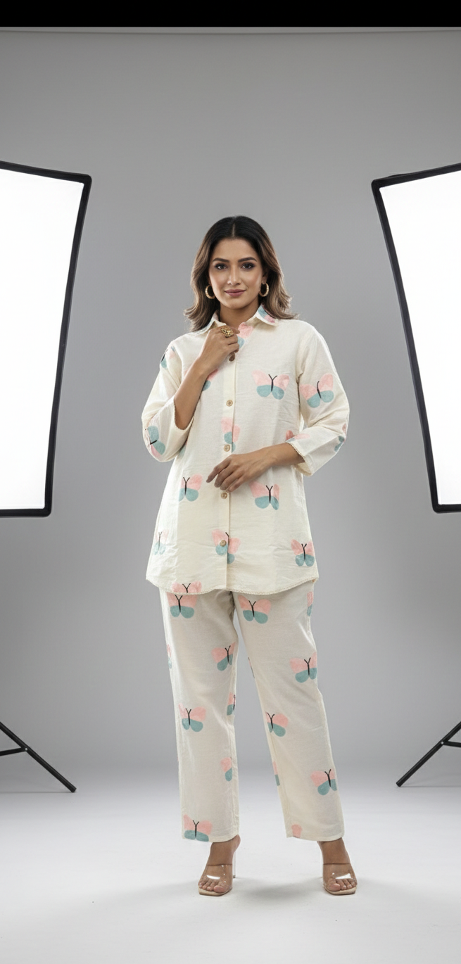 Butterfly Motif Handcrafted Khadi Cotton Co-Ord Set – Ivory