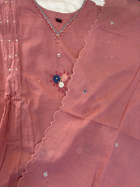 🌸 Reddish Pink Mulmul 3-Piece Suit