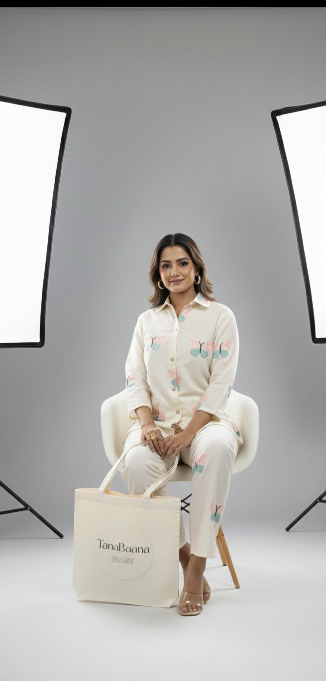 Butterfly Motif Handcrafted Khadi Cotton Co-Ord Set – Ivory