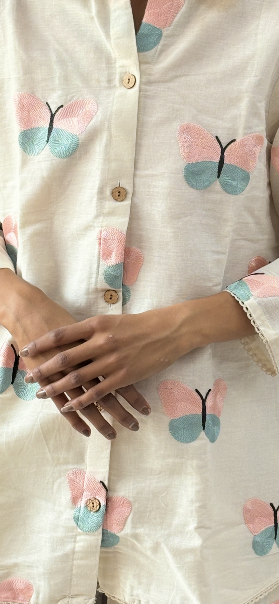 Butterfly Motif Handcrafted Khadi Cotton Co-Ord Set – Ivory